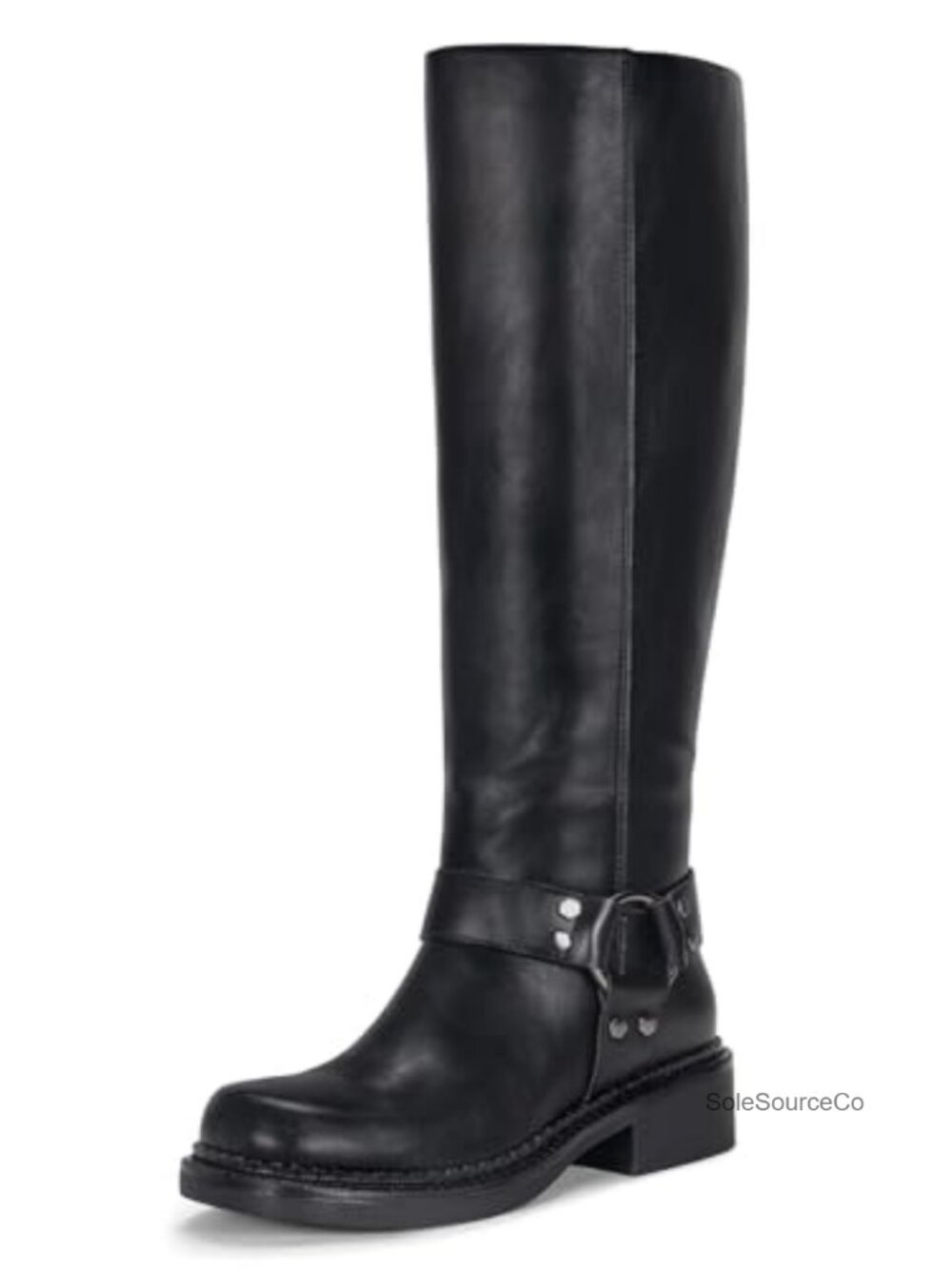 Square Toe Knee High Riding Boots Faux Leather Chunky Heel